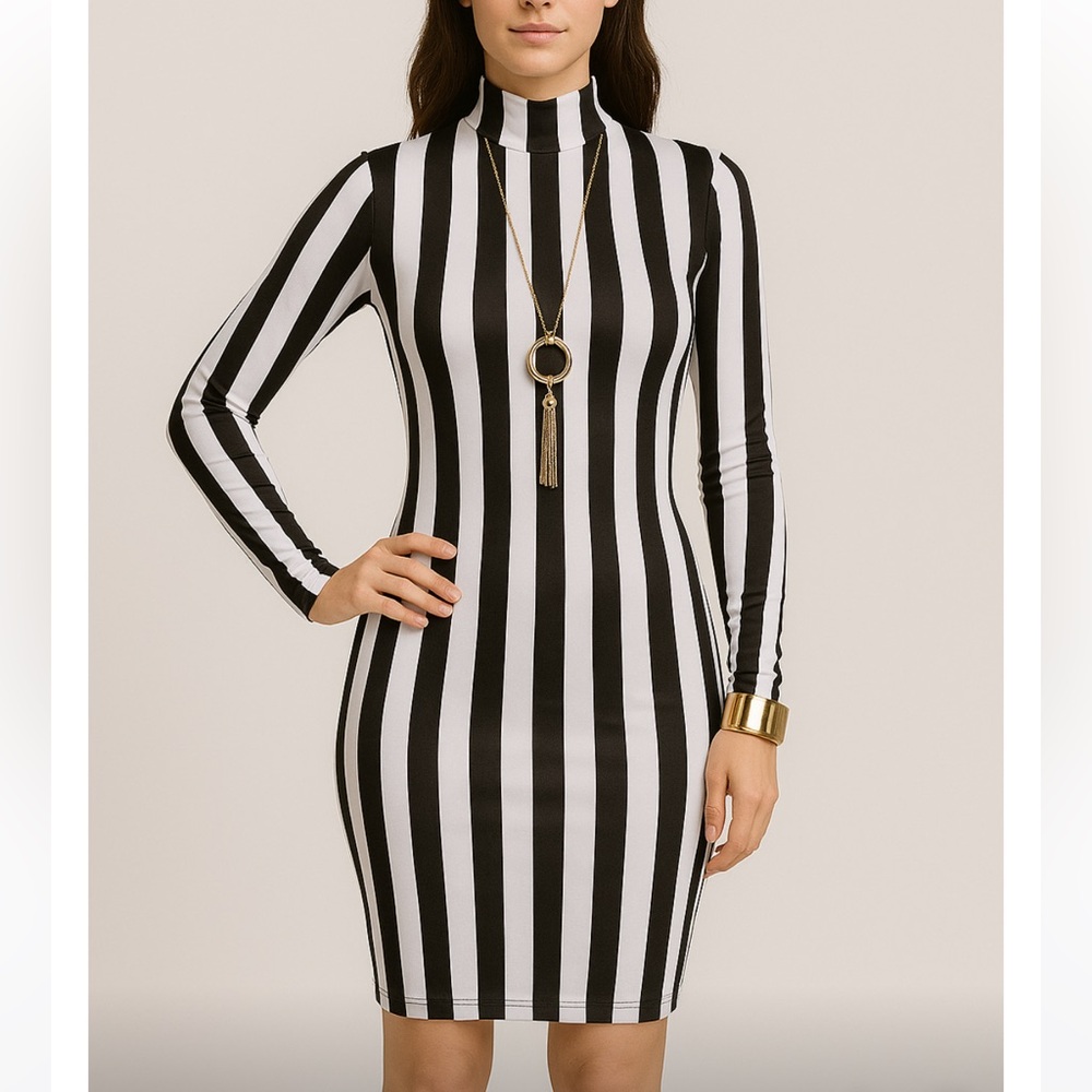 Sexy Black and a White Striped Dress Midi